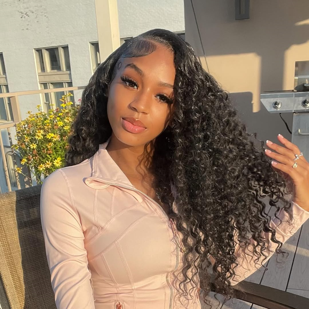 10″ – 40″ Natural Black Color Bohemian Curly Human Hair Lace Front Wig