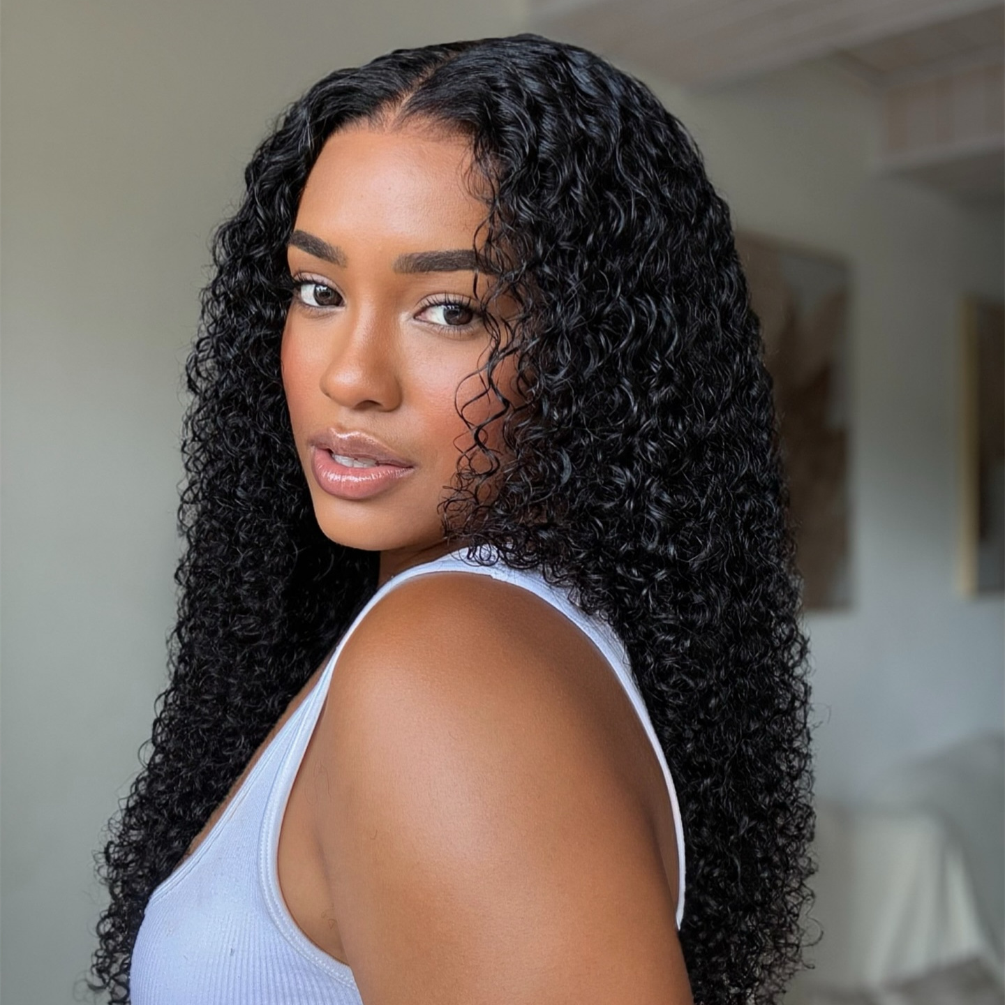 10″ – 40″ Natural Black Color Bohemian Curly Human Hair Lace Front Wig
