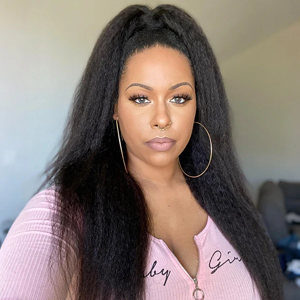10″ – 40″ Natural Black Color Kinky Straight Human Hair Drawstring Half Wig