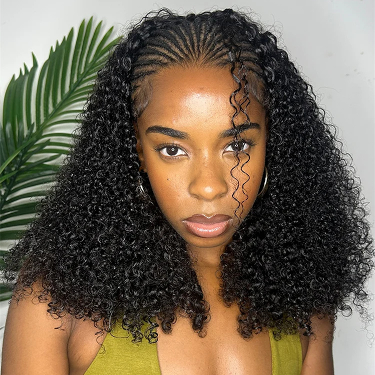 10″ – 40″ Natural Black Color Kinky Curly Human Hair U / V Part Wig