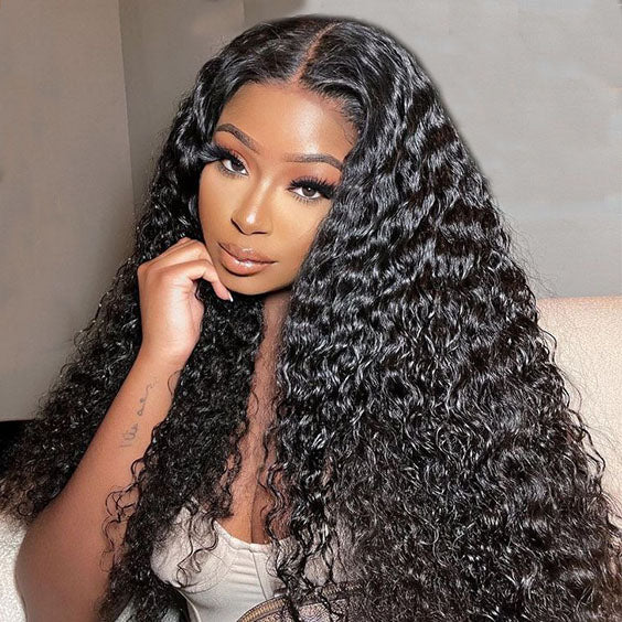 10″ – 40″ Natural Black Color Water Wave Human Hair Drawstring Half Wig