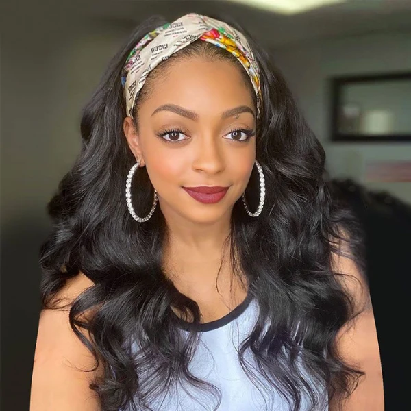 10″ – 40″ Natural Black Color Body Wave Human Hair Headband Wig