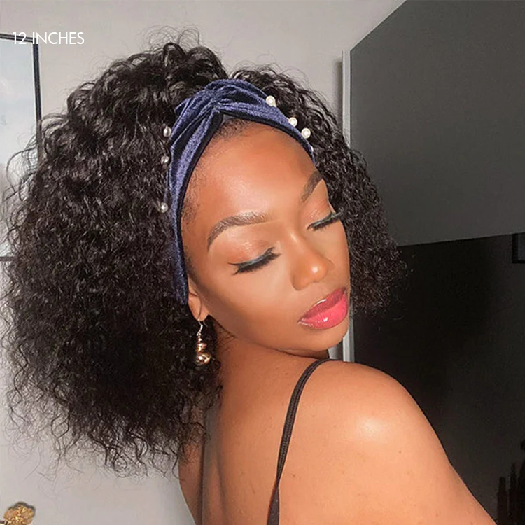 10″ – 14″ Natural Black Color Deep Wave Bob Human Hair Headband Wig