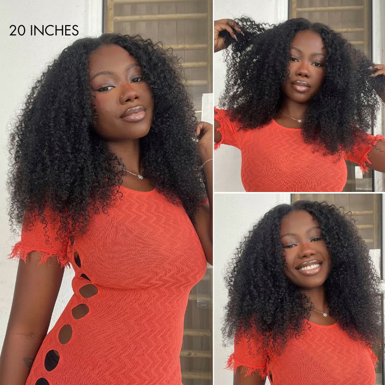 10″ – 40″ Natural Black Color Kinky Curly Human Hair U / V Part Wig