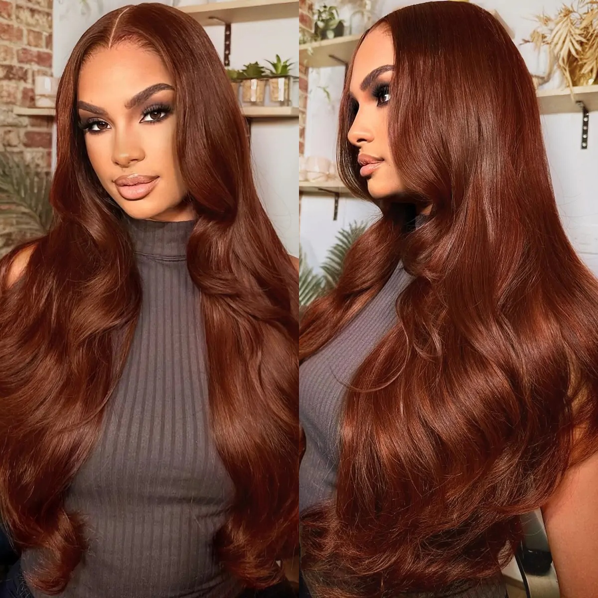 10″ – 40″ Copper Color Body Wave Human Hair Lace Front Wig