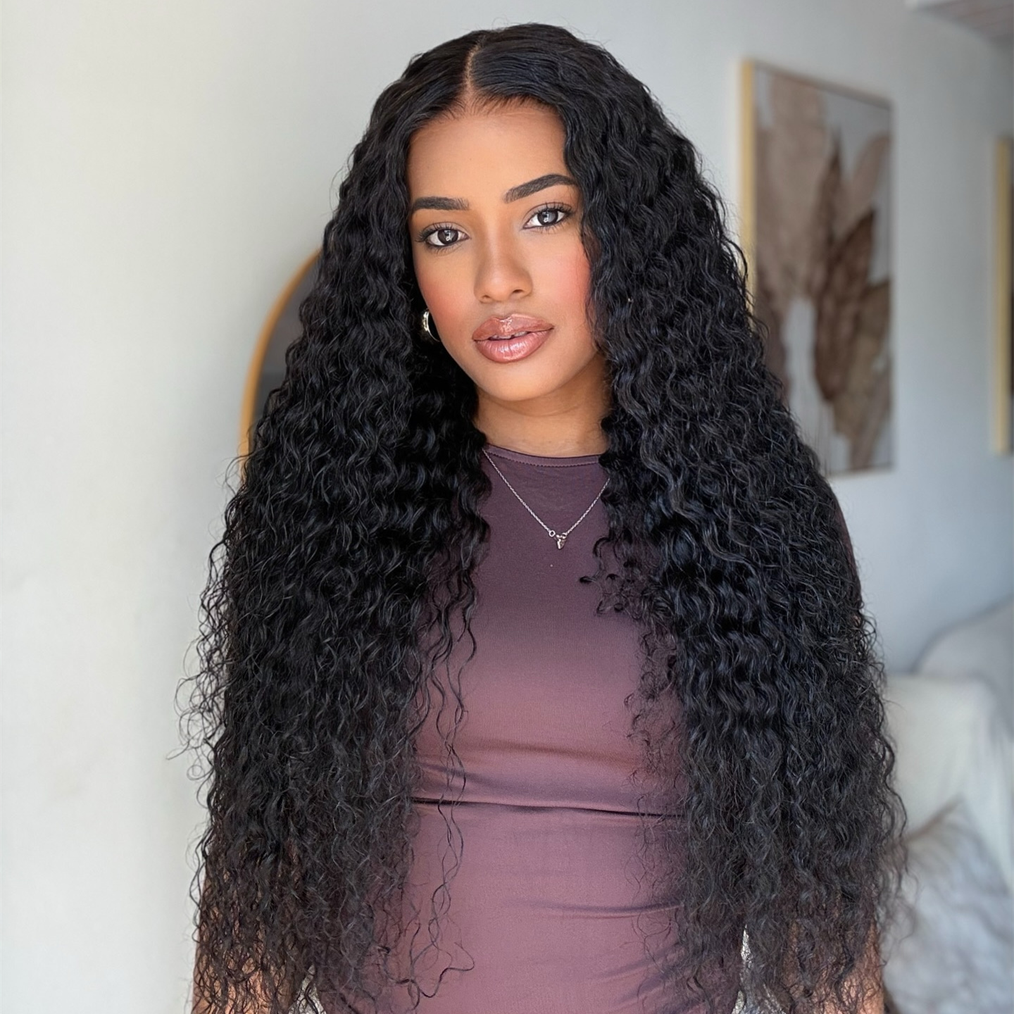 10″ – 40″ Natural Black Color Water Wave Human Hair Lace Front Wig