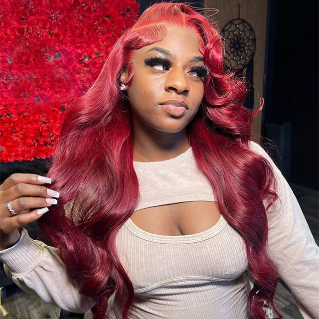 10″ – 40″ #99J & Burgundy Color Body Wave Human Hair Lace Front Wig