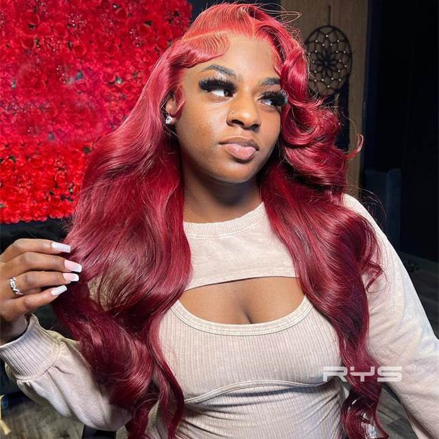 10″ – 40″ #99J & Burgundy Color Body Wave Human Hair Lace Front Wig