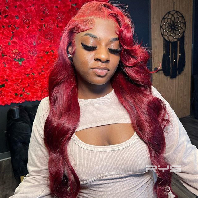10″ – 40″ #99J & Burgundy Color Body Wave Human Hair Lace Front Wig