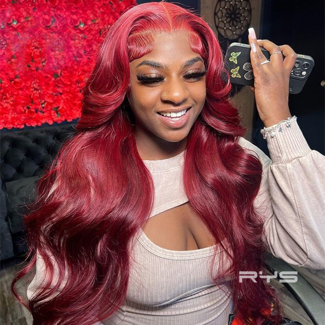 10″ – 40″ #99J & Burgundy Color Body Wave Human Hair Lace Front Wig