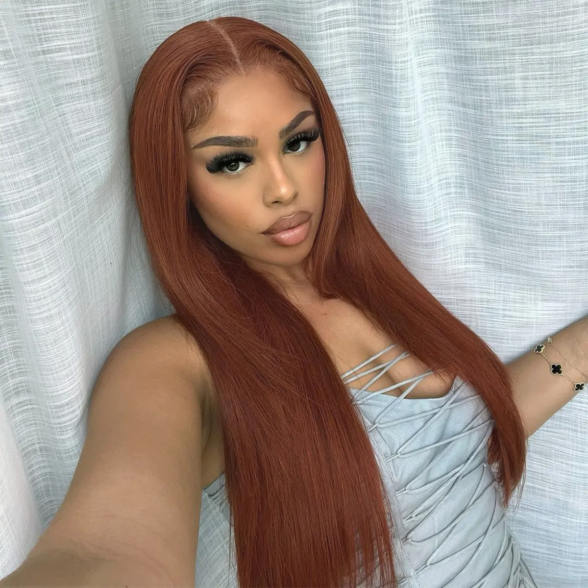 10″ – 40″ Reddish Brown Color Straight Human Hair Lace Front Wig