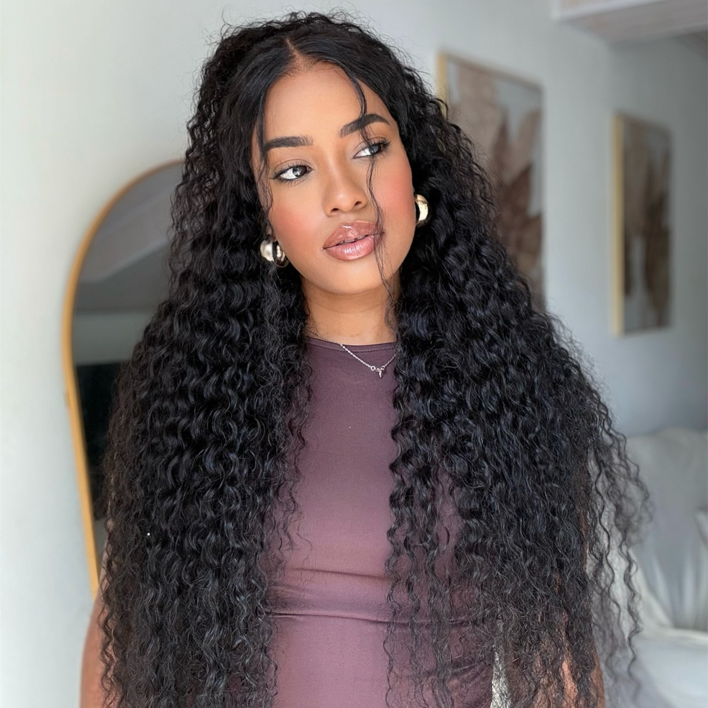 10″ – 40″ Natural Black Color Water Wave Human Hair Lace Front Wig