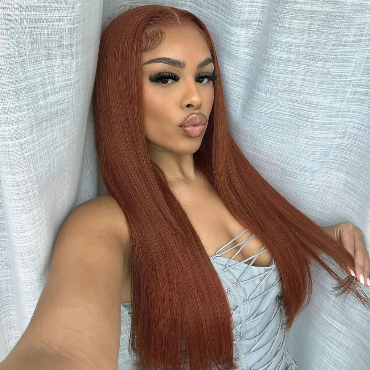 10″ – 40″ Reddish Brown Color Straight Human Hair Lace Front Wig