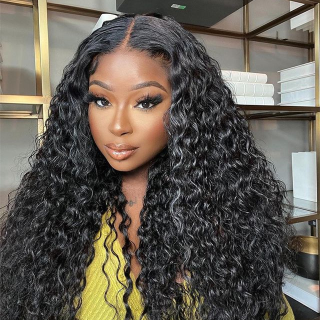 10″ – 40″ Natural Black Color Water Wave Human Hair Lace Front Wig