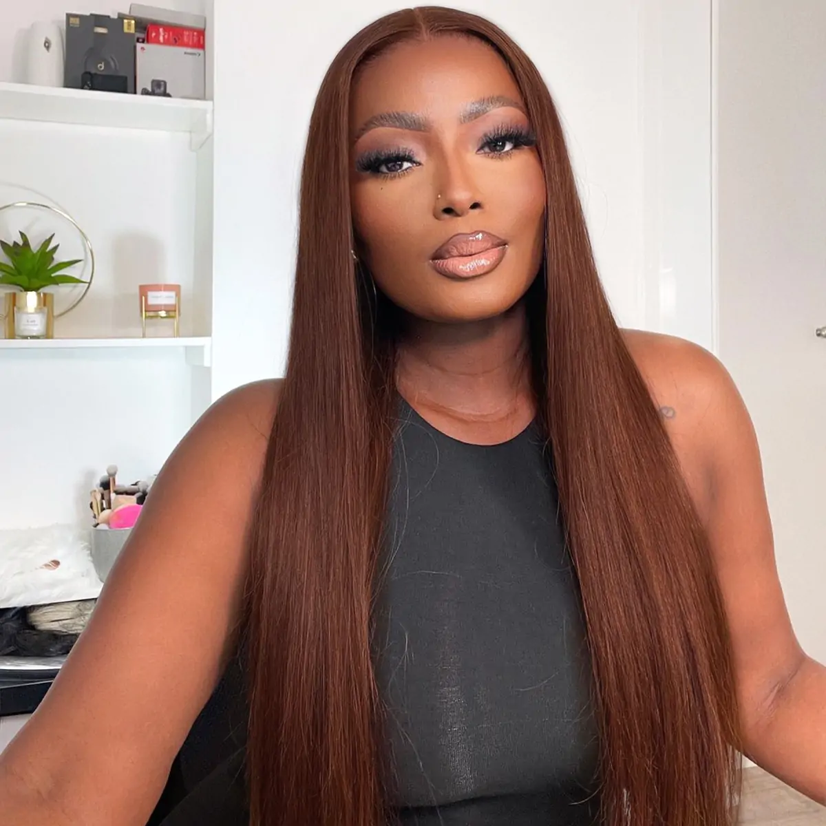 10″ – 40″ Reddish Brown Color Straight Human Hair Lace Front Wig