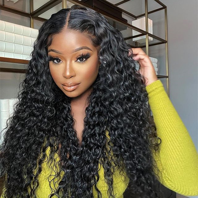 10″ – 40″ Natural Black Color Water Wave Human Hair Lace Front Wig
