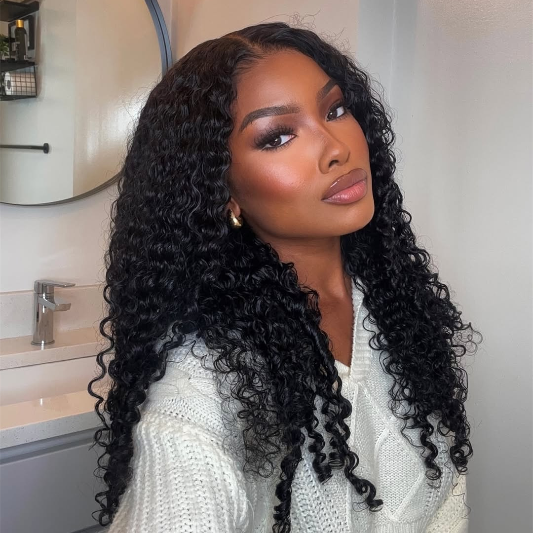 10″ – 40″ Natural Black Color Bohemian Curly Human Hair Lace Front Wig