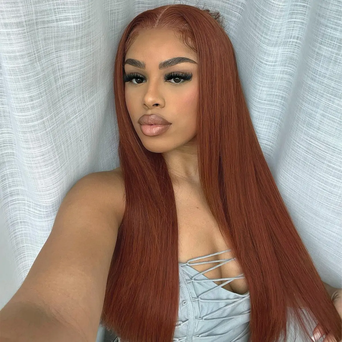 10″ – 40″ Reddish Brown Color Straight Human Hair Lace Front Wig