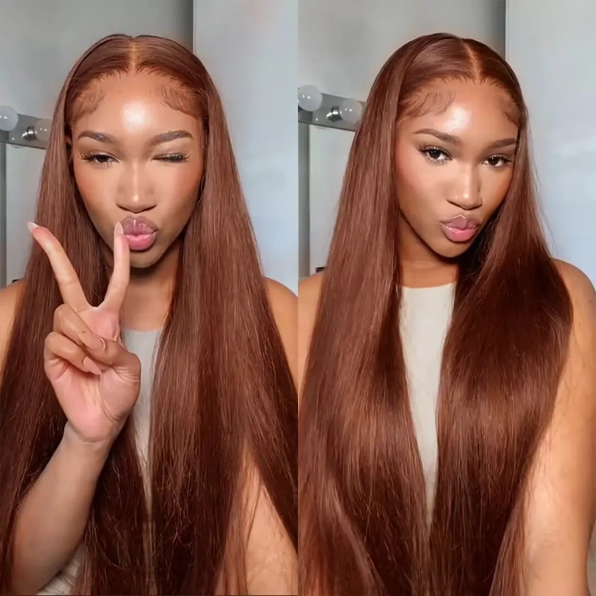 10″ – 40″ Reddish Brown Color Straight Human Hair Lace Front Wig