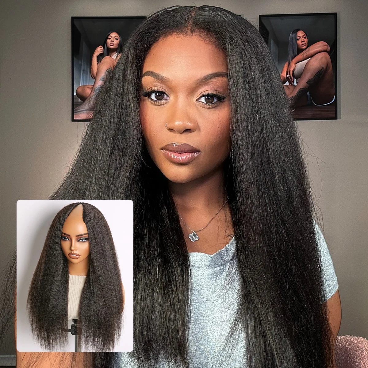 10″ – 40″ Natural Black Color Kinky Straight Human Hair U / V Part Wig