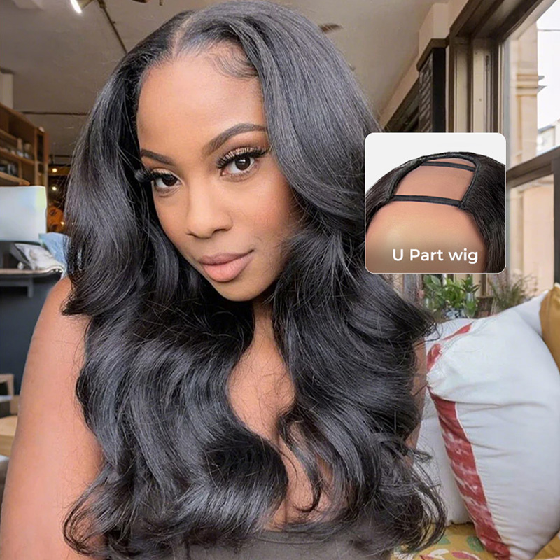 10″ – 40″ Natural Black Color Body Wave Human Hair U / V Part Wig