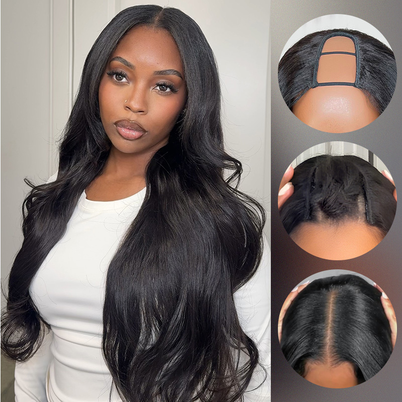 10″ – 40″ Natural Black Color Body Wave Human Hair U / V Part Wig