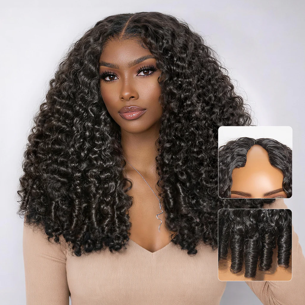 10″ – 40″ Natural Black Color Burmese Curly Human Hair U / V Part Wig