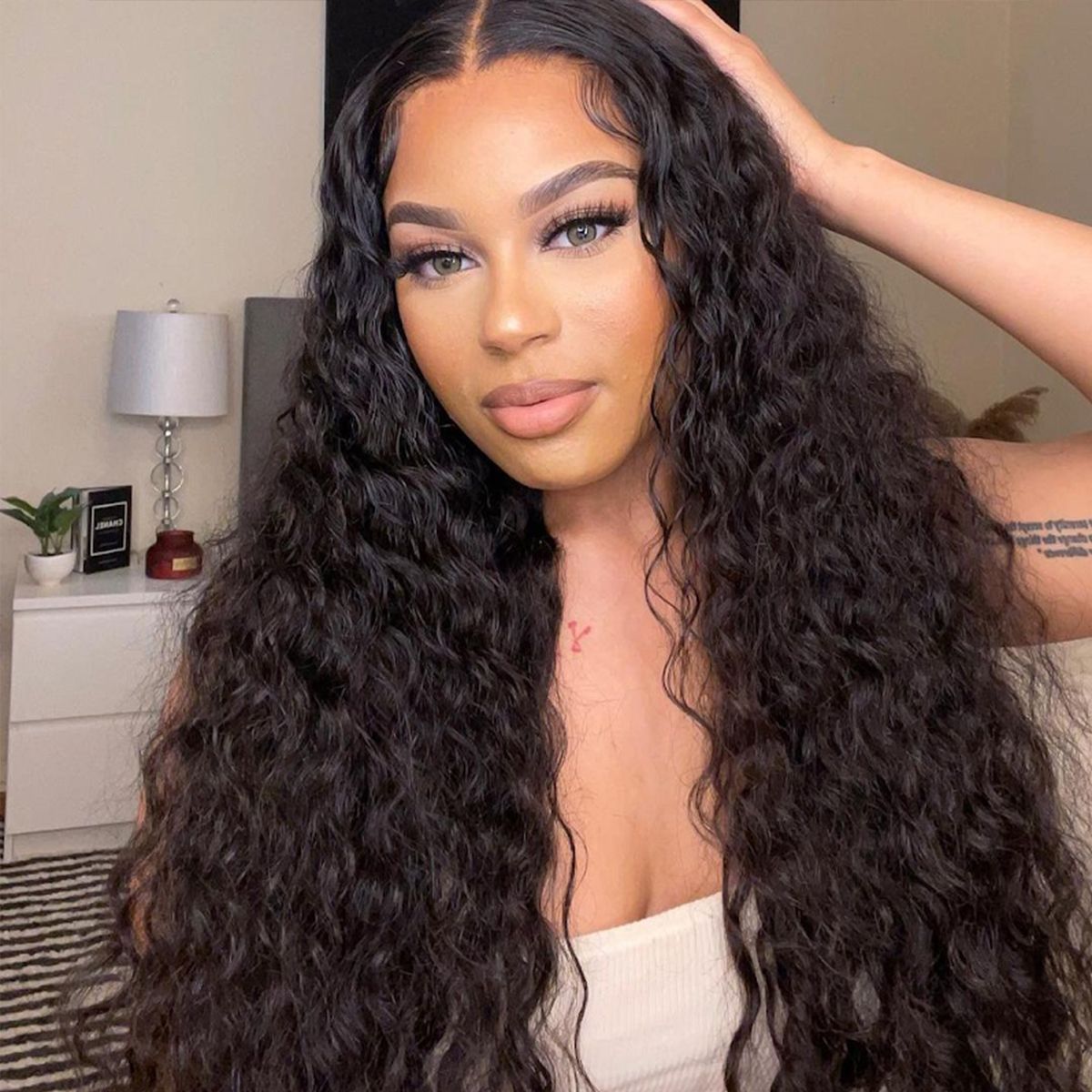 10″ – 40″ Natural Black Color Water Wave Human Hair Drawstring Half Wig