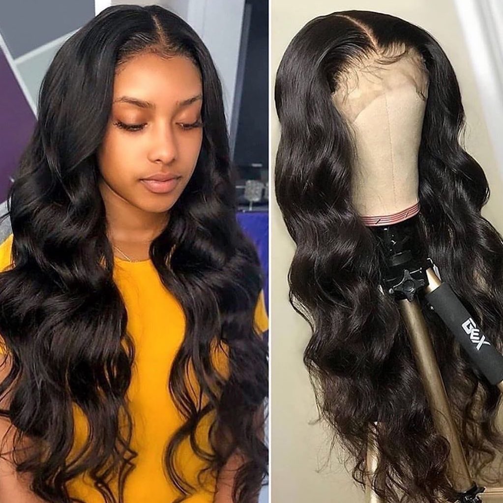 10″ – 40″ Natural Black Color Body Wave Human Hair Lace Front Wig