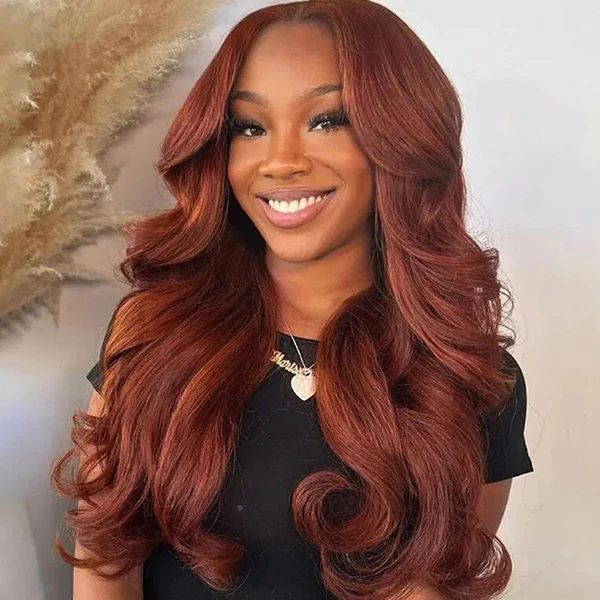 10″ – 40″ Reddish Brown Color Body Wave Human Hair Lace Front Wig