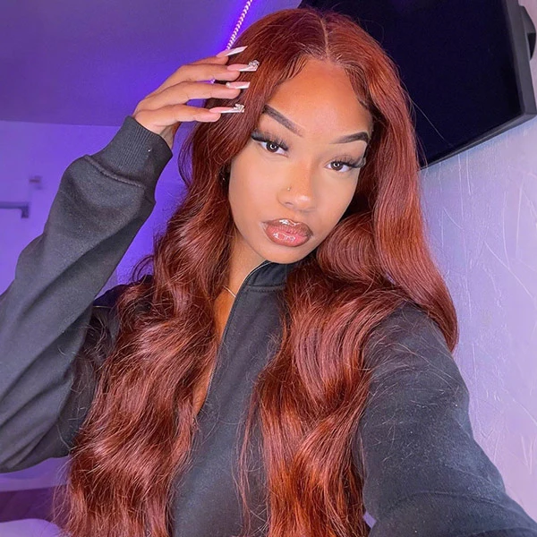 10″ – 40″ Reddish Brown Color Body Wave Human Hair Lace Front Wig