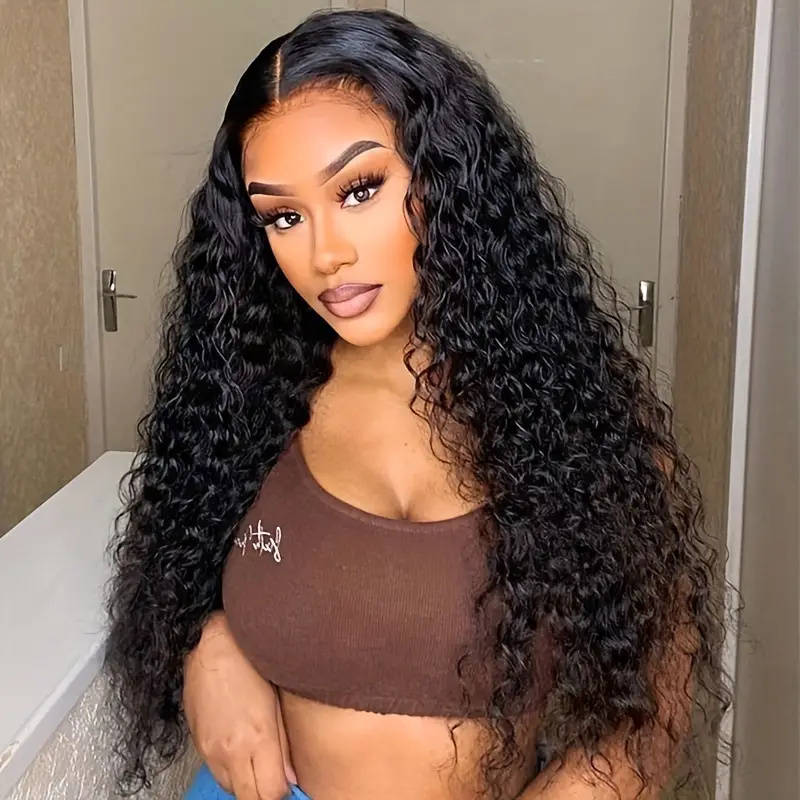 10″ – 40″ Natural Black Color Water Wave Human Hair Lace Front Wig