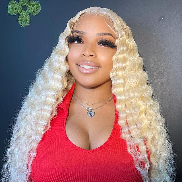 10″ – 40″ #613 Blonde Color Deep Wave Human Hair Lace Front Wig