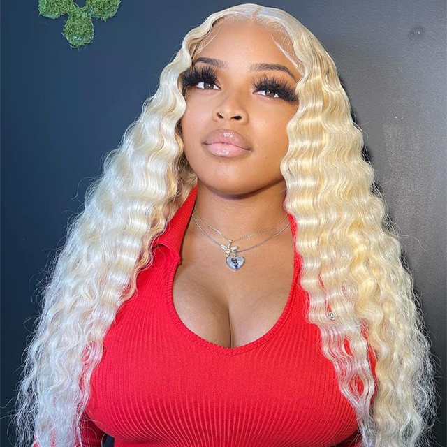 10″ – 40″ #613 Blonde Color Deep Wave Human Hair Lace Front Wig