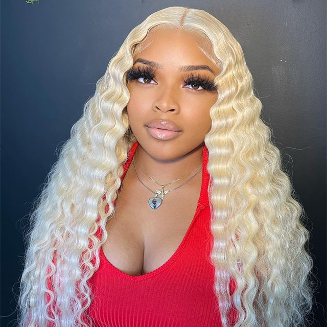 10″ – 40″ #613 Blonde Color Deep Wave Human Hair Lace Front Wig