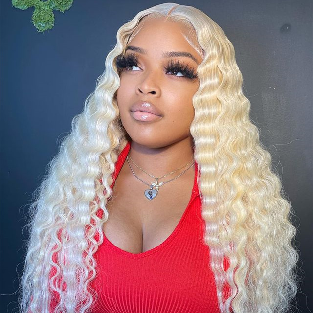 10″ – 40″ #613 Blonde Color Deep Wave Human Hair Lace Front Wig