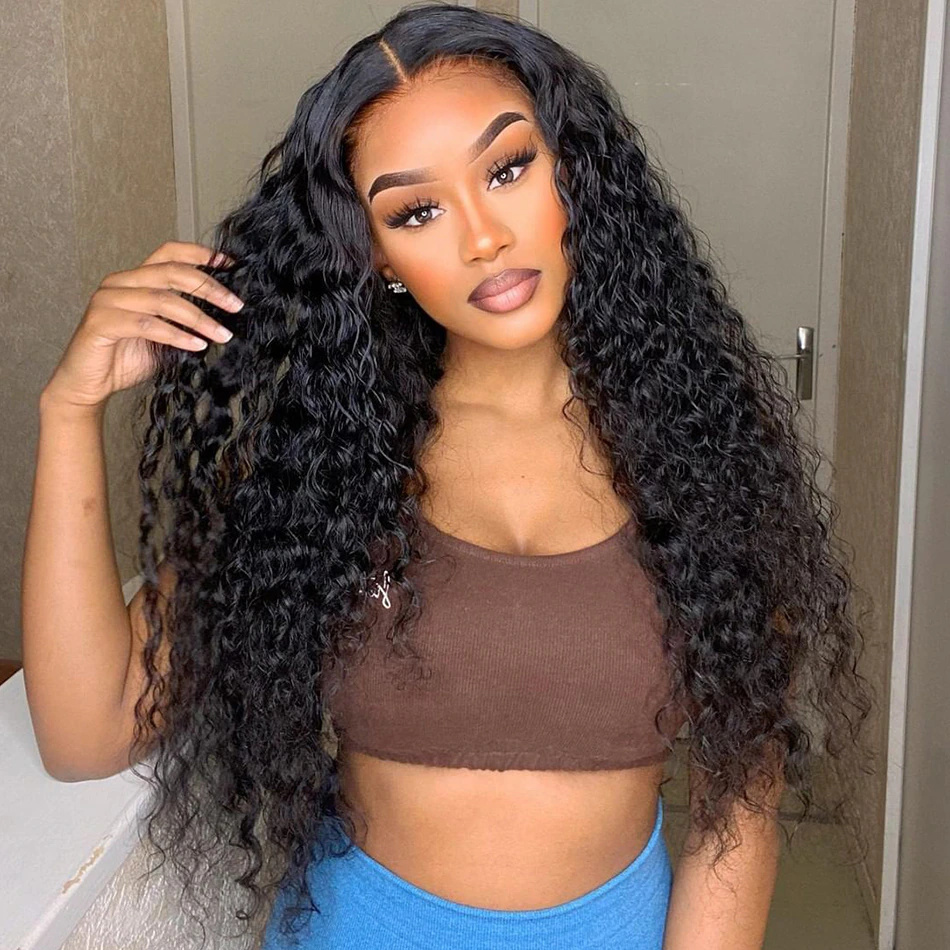 10″ – 40″ Natural Black Color Water Wave Human Hair Lace Front Wig