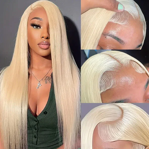 10″ – 40″ #613 Blonde Color Straight Human Hair Lace Front Wig