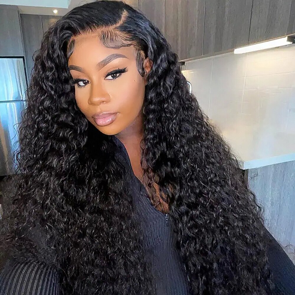 10″ – 40″ Natural Black Color Water Wave Human Hair Drawstring Half Wig