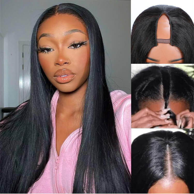 10″ – 40″ Natural Black Color Straight Human Hair U / V Part Wig