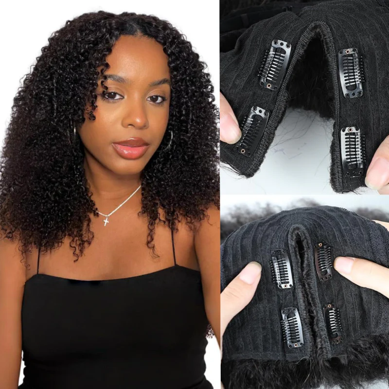 10″ – 40″ Natural Black Color Kinky Curly Human Hair U / V Part Wig