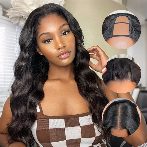 10″ – 40″ Natural Black Color Body Wave Human Hair U / V Part Wig
