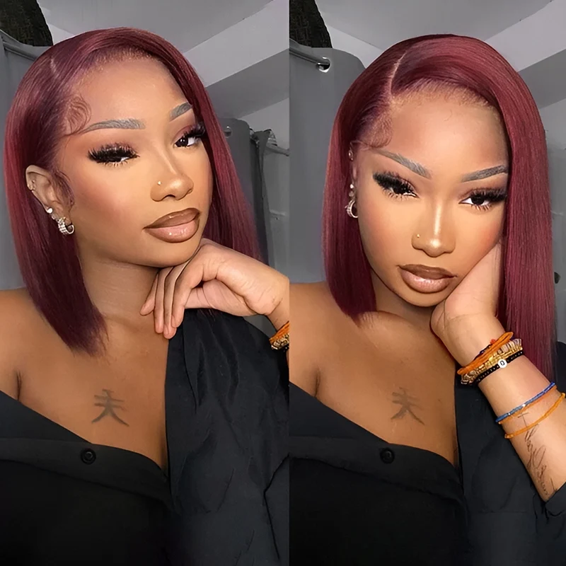 8″ – 14″ 99J & Burgundy Color Bob & Pixie Cut Human Hair Lace Front Wig