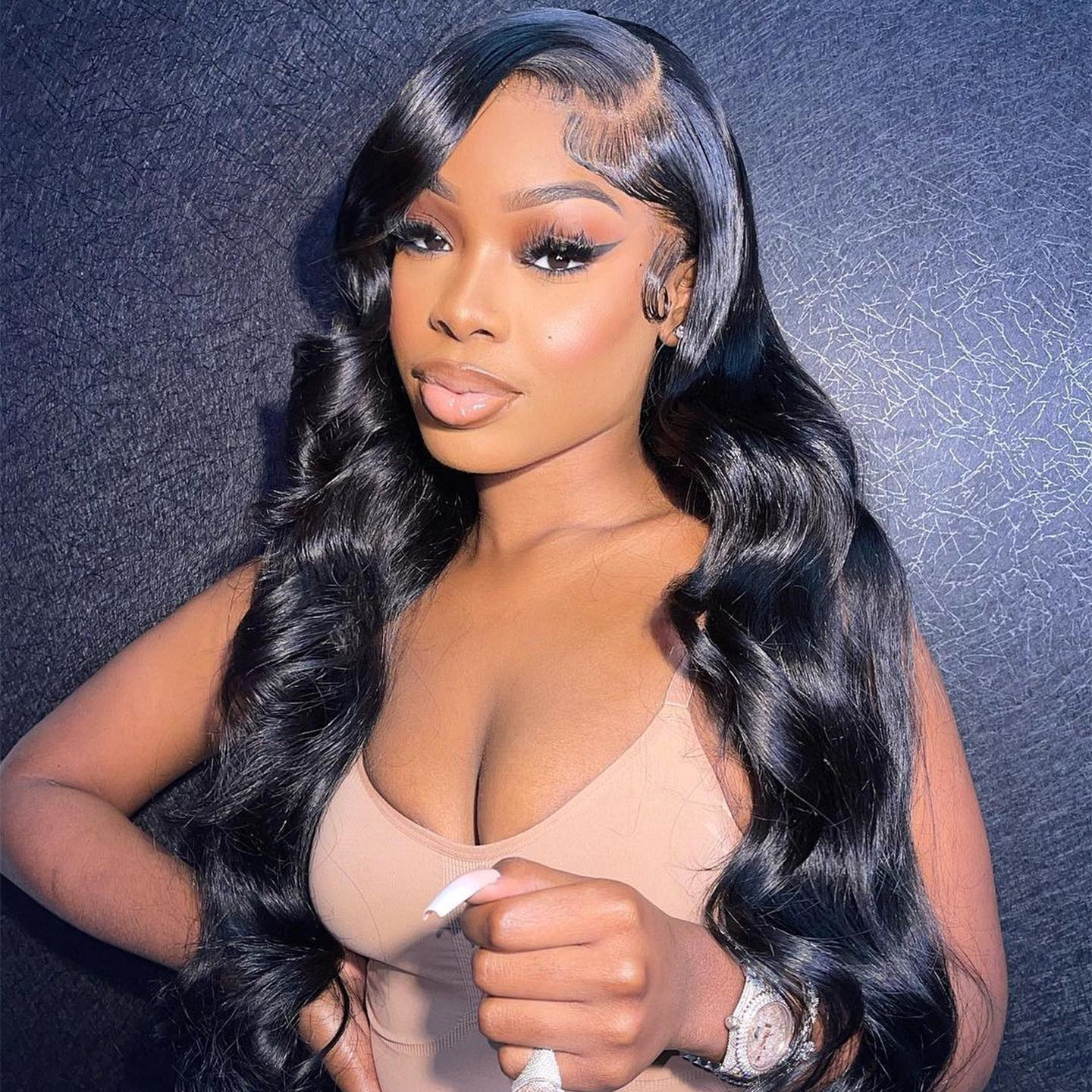 10″ – 40″ Natural Black Color Loose Wave Human Hair Lace Front Wig