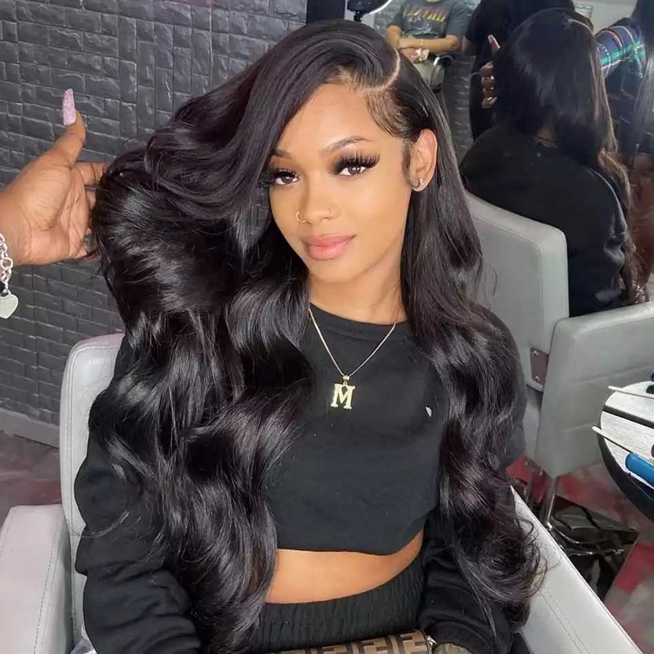 10″ – 40″ Natural Black Color Body Wave Human Hair Lace Front Wig