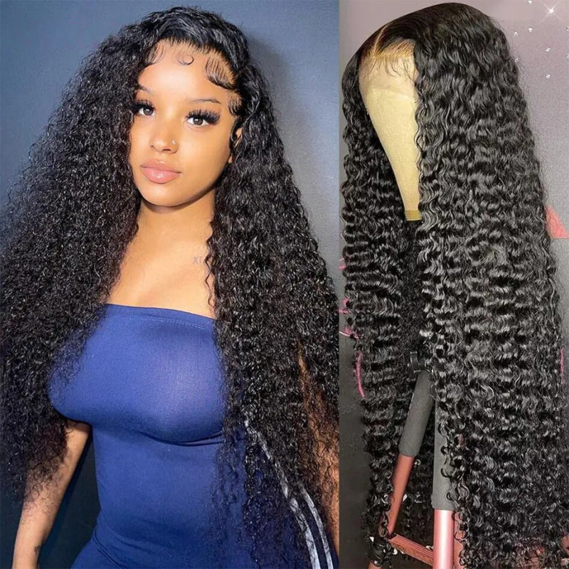 10″ – 40″ Natural Black Color Deep Curly Human Hair Lace Front Wig
