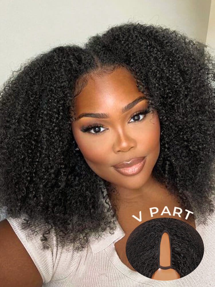 10″ – 40″ Natural Black Color Kinky Curly Human Hair U / V Part Wig