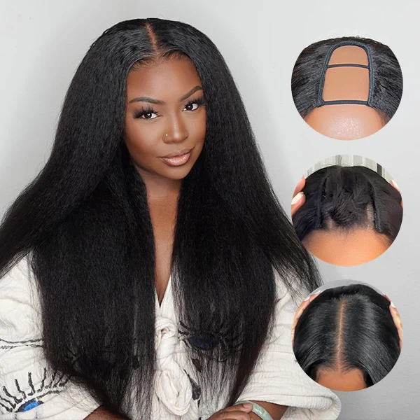 10″ – 40″ Natural Black Color Kinky Straight Human Hair U / V Part Wig