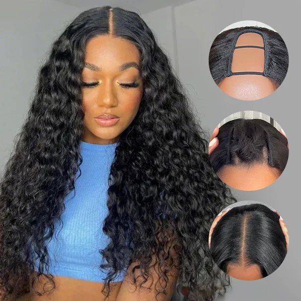 10″ – 40″ Natural Black Color Water Wave Human Hair U / V Part Wig