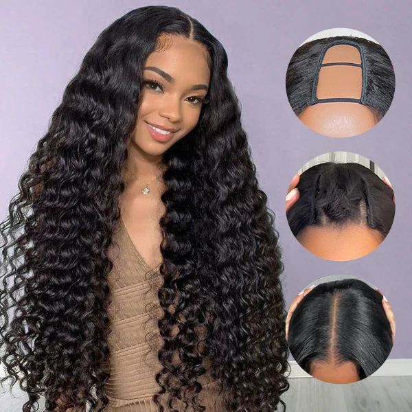 10″ – 40″ Natural Black Color Deep Wave Human Hair U / V Part Wig